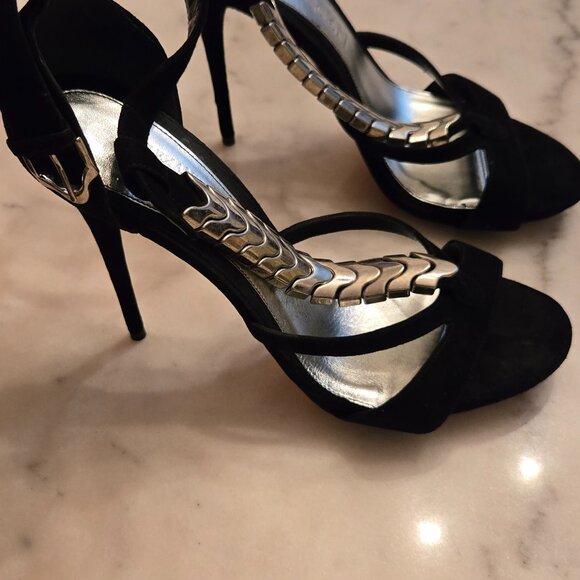 Alexander McQueen Black Suede "Metal Snake" Ankle Strap Heels - Picture 3 of 12